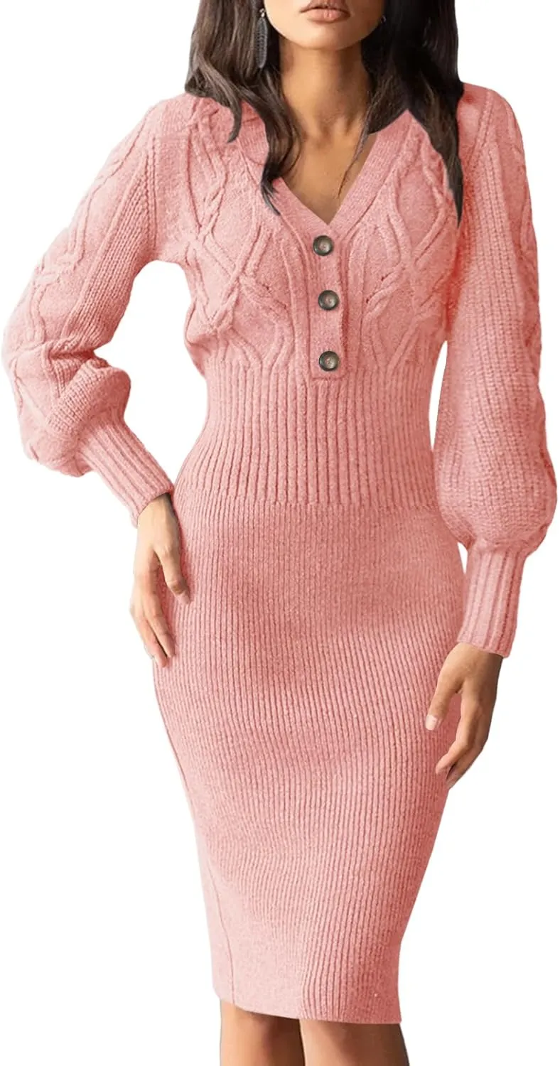 Langwyqu Women's V Neck Lantern Long Sleeve Sweater Dress Sexy Bodycon Cable Ribbed Knit Fall Pullover Midi Dresses