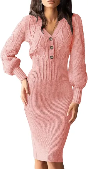 Langwyqu Women's V Neck Lantern Long Sleeve Sweater Dress Sexy Bodycon Cable Ribbed Knit Fall Pullover Midi Dresses