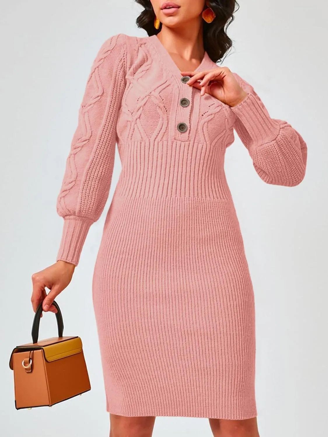 Langwyqu Women's V Neck Lantern Long Sleeve Sweater Dress Sexy Bodycon Cable Ribbed Knit Fall Pullover Midi Dresses