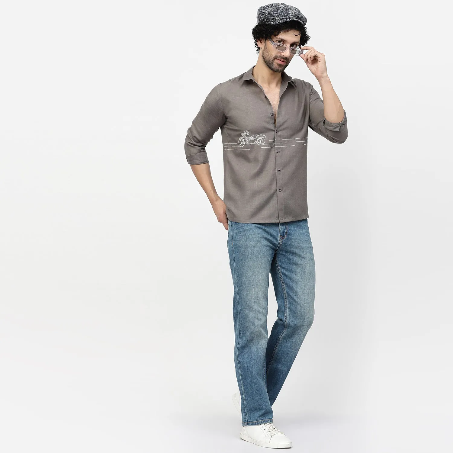 Linen Shirt With Bike Embroidery