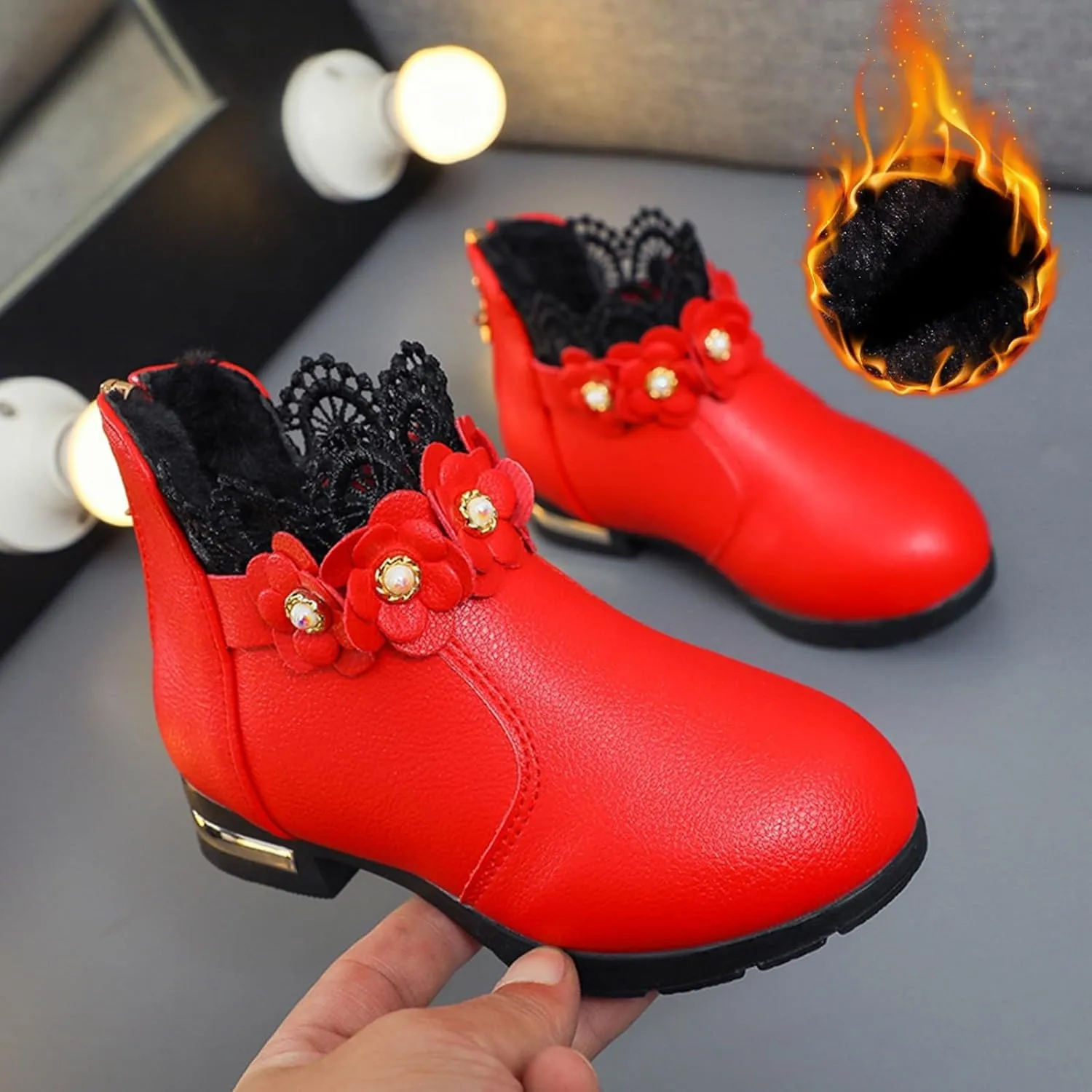 Little/big Kids Shoes Fashion Boots Shoes Plush Low Tube 3D Flowers Print Leather Boots Snow Boots Size 1