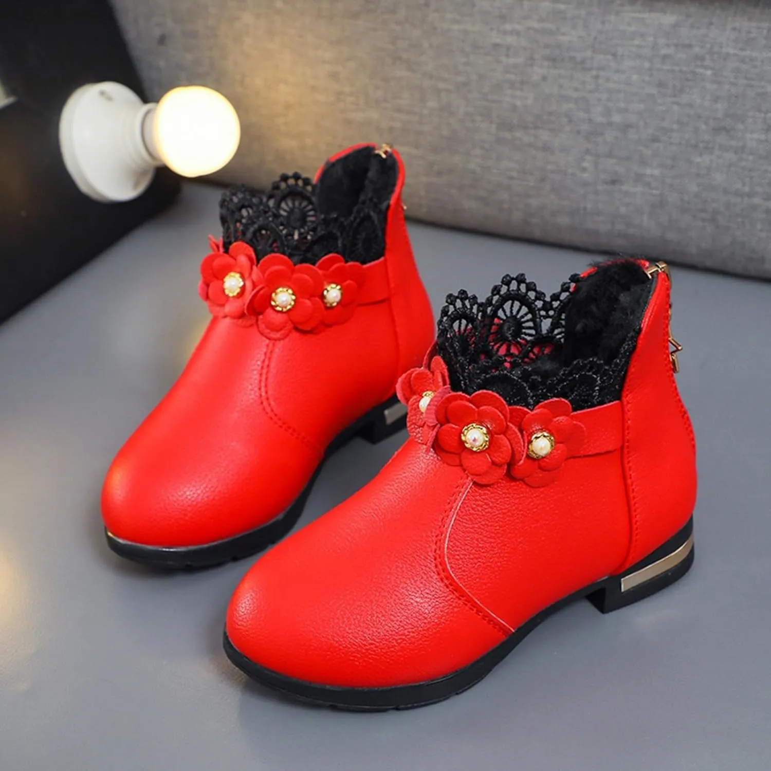 Little/big Kids Shoes Fashion Boots Shoes Plush Low Tube 3D Flowers Print Leather Boots Snow Boots Size 1