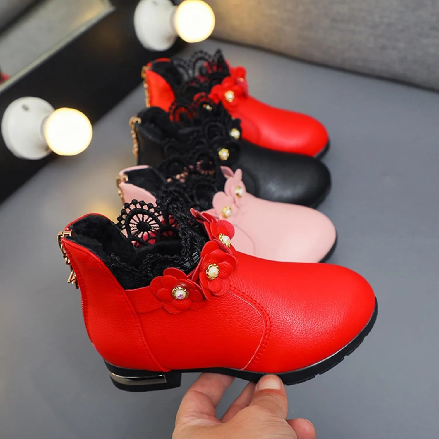 Little/big Kids Shoes Fashion Boots Shoes Plush Low Tube 3D Flowers Print Leather Boots Snow Boots Size 1