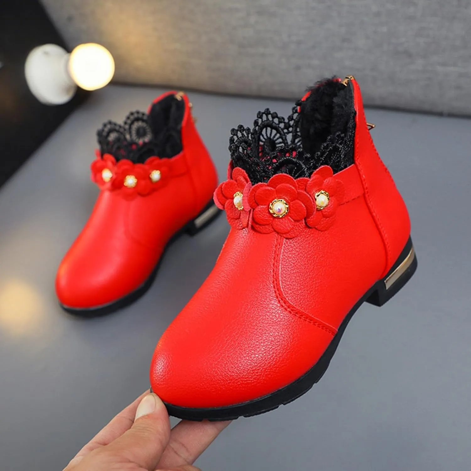 Little/big Kids Shoes Fashion Boots Shoes Plush Low Tube 3D Flowers Print Leather Boots Snow Boots Size 1