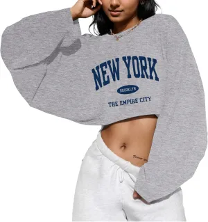 LovelyWholesale Women Long Sleeve Cropped Sweatshirt Oversized Crew Neck Workout Tops