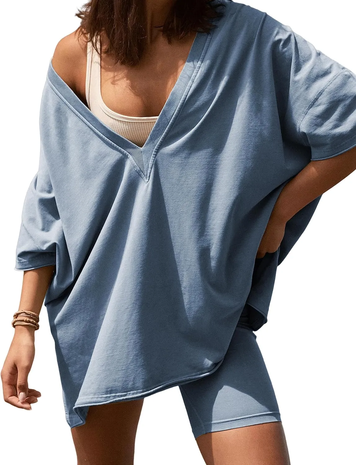 LTSCNRM 2 Piece Outfits for Women Reversible Oversized T Shirt Biker Shorts Sets Workout Tracksuit