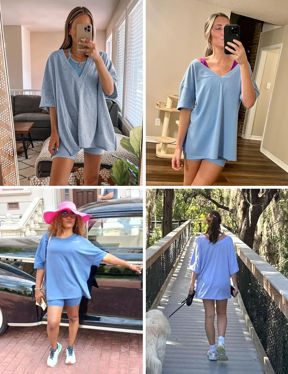 LTSCNRM 2 Piece Outfits for Women Reversible Oversized T Shirt Biker Shorts Sets Workout Tracksuit