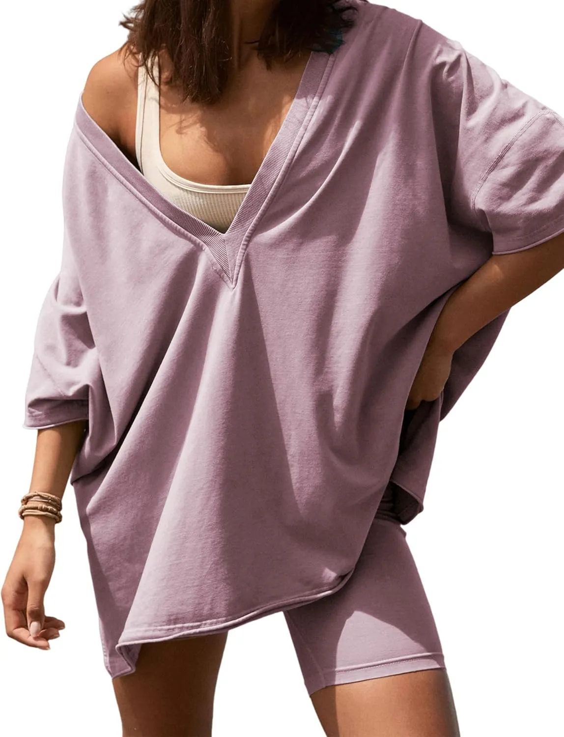 LTSCNRM 2 Piece Outfits for Women Reversible Oversized T Shirt Biker Shorts Sets Workout Tracksuit