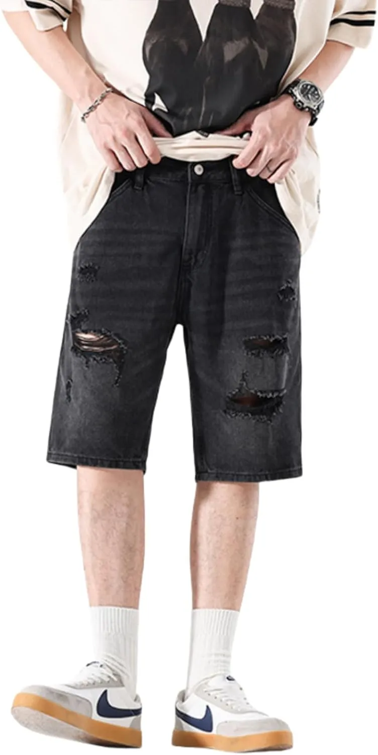 LUOBANIU Mens Jean Shorts Distressed Ripped Denim Shorts Relaxed Fit Summer Casual Classic Straight Short Jeans