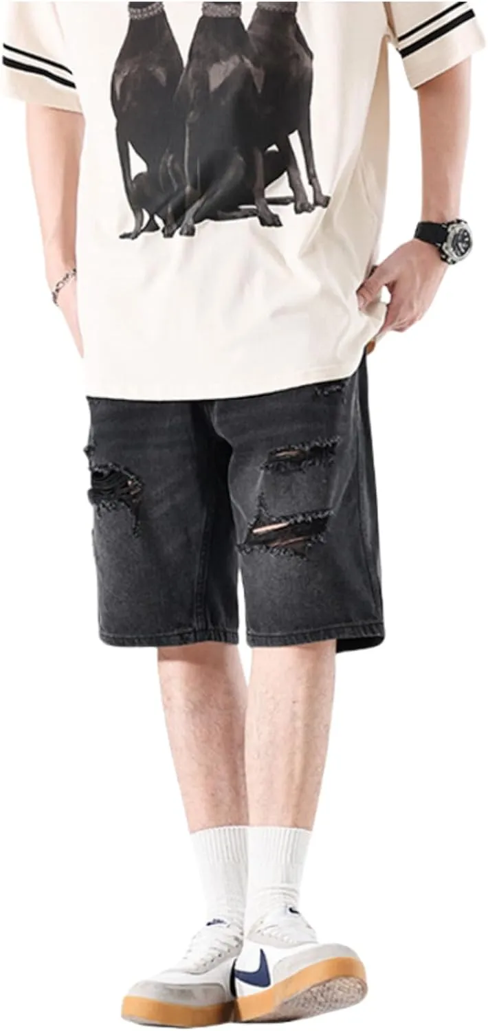 LUOBANIU Mens Jean Shorts Distressed Ripped Denim Shorts Relaxed Fit Summer Casual Classic Straight Short Jeans