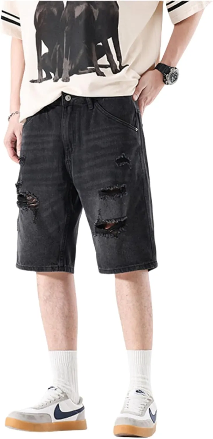 LUOBANIU Mens Jean Shorts Distressed Ripped Denim Shorts Relaxed Fit Summer Casual Classic Straight Short Jeans