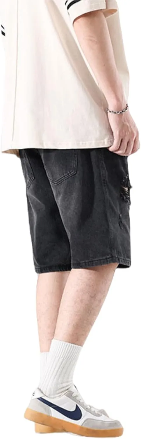 LUOBANIU Mens Jean Shorts Distressed Ripped Denim Shorts Relaxed Fit Summer Casual Classic Straight Short Jeans