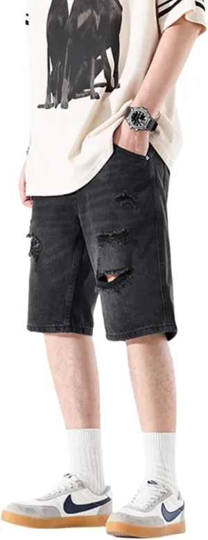 LUOBANIU Mens Jean Shorts Distressed Ripped Denim Shorts Relaxed Fit Summer Casual Classic Straight Short Jeans