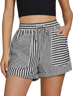 luvamia Striped Shorts for Women High Waisted Trendy Casual Pull On Drawstring Elastic Waist Beach Shorts with Pockets