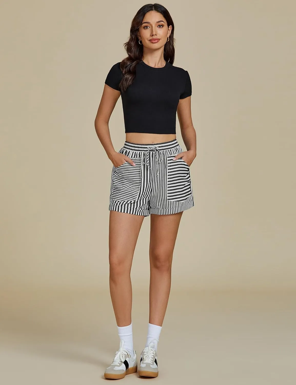 luvamia Striped Shorts for Women High Waisted Trendy Casual Pull On Drawstring Elastic Waist Beach Shorts with Pockets