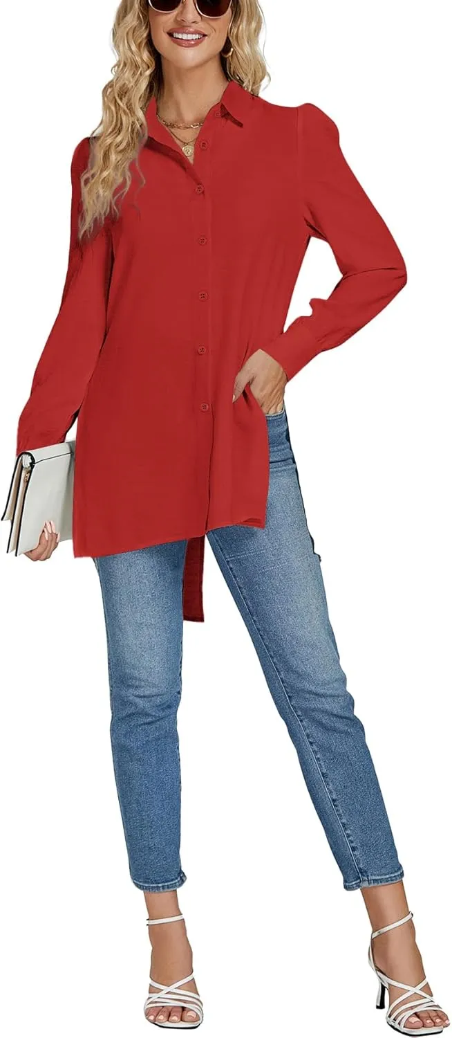 LYANER Women's Collar V Neck Split Hem Button Down Long Sleeve Long Shirt Blouse Tunic Top