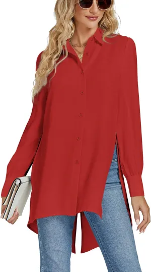 LYANER Women's Collar V Neck Split Hem Button Down Long Sleeve Long Shirt Blouse Tunic Top
