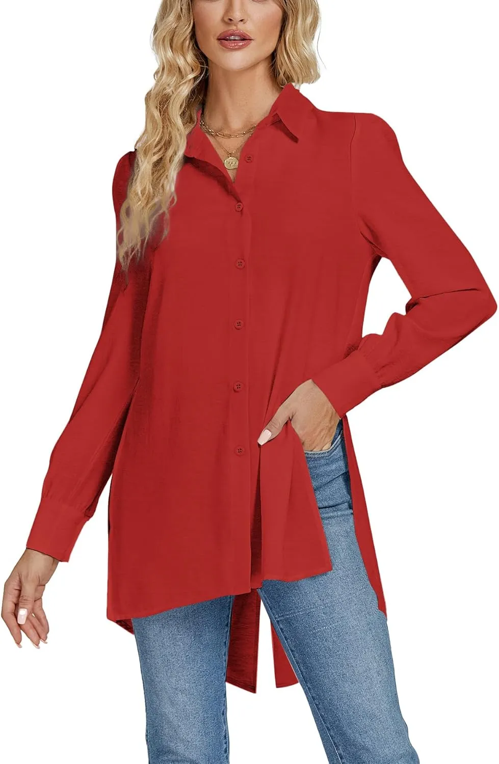 LYANER Women's Collar V Neck Split Hem Button Down Long Sleeve Long Shirt Blouse Tunic Top