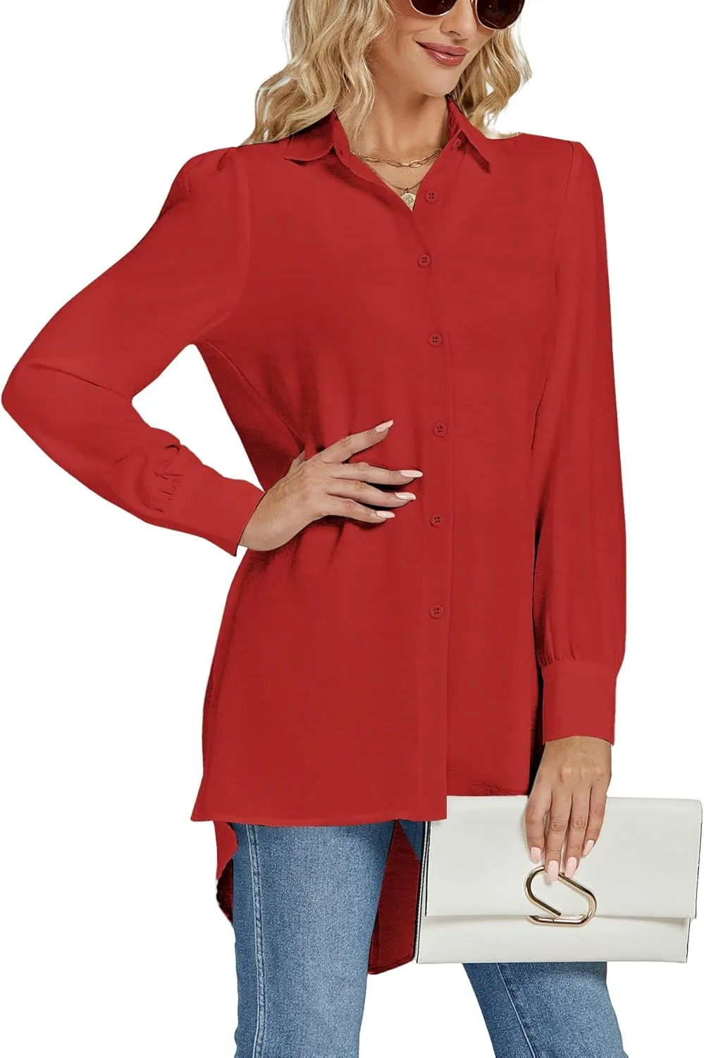 LYANER Women's Collar V Neck Split Hem Button Down Long Sleeve Long Shirt Blouse Tunic Top