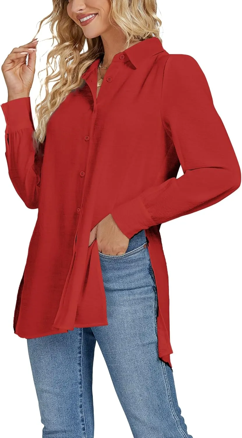 LYANER Women's Collar V Neck Split Hem Button Down Long Sleeve Long Shirt Blouse Tunic Top