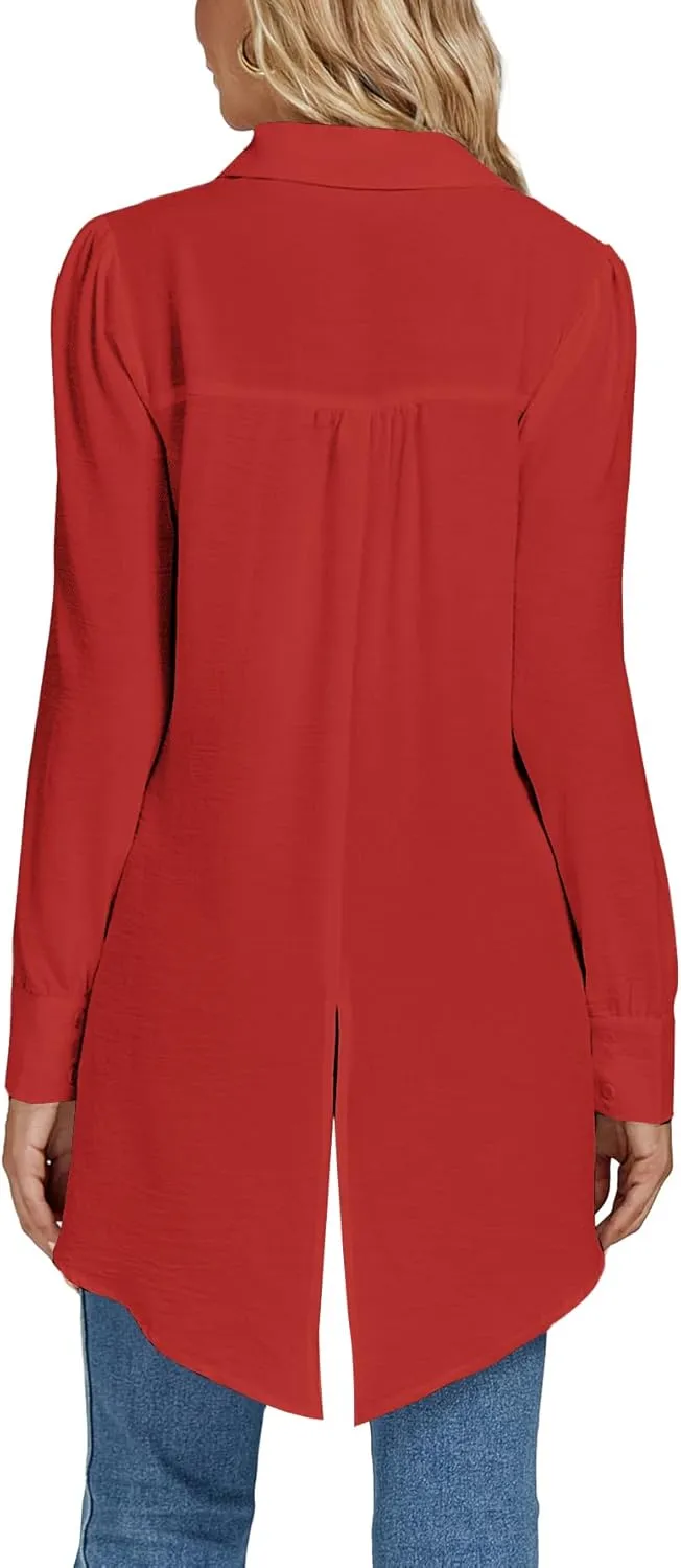 LYANER Women's Collar V Neck Split Hem Button Down Long Sleeve Long Shirt Blouse Tunic Top