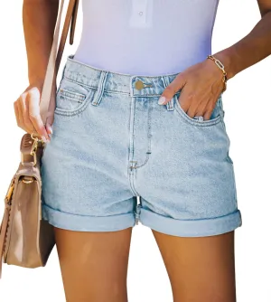 Magritta Denim Shorts for Women Mid Waisted Folded Hem Ripped Jean Shorts