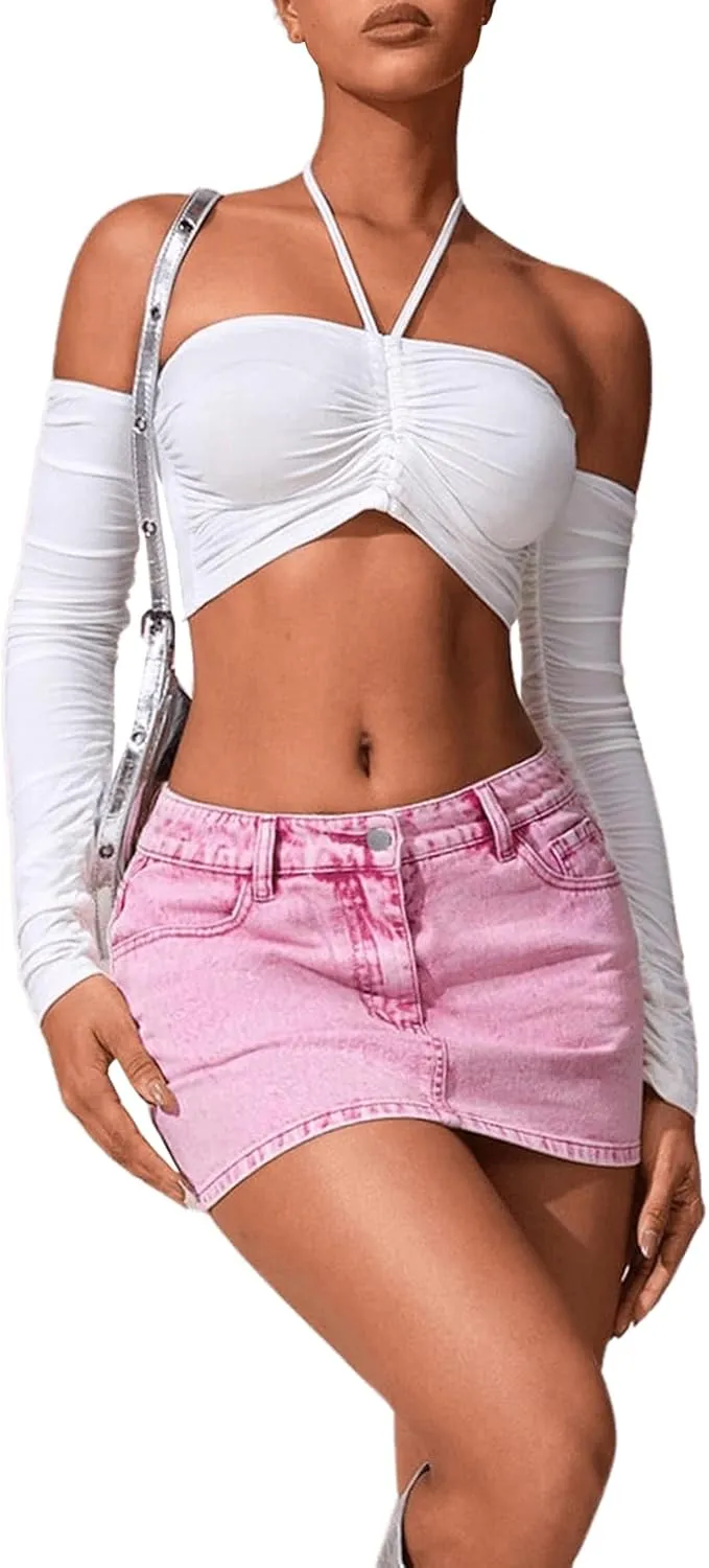 MakeMeChic Women's Casual Low Waist Bodycon Denim Skirt Zip Fly Jean Mini Skirt with Pockets