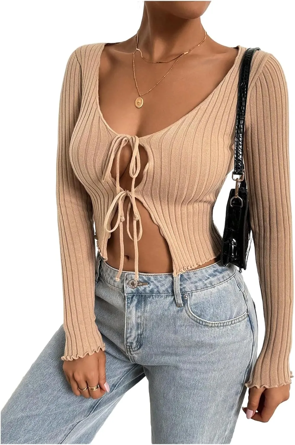 MakeMeChic Women's Tie Front Lightweight Trim Ribbed Cardigan V Neck Long Sleeve Fitted Cropped Cardigan Sweater
