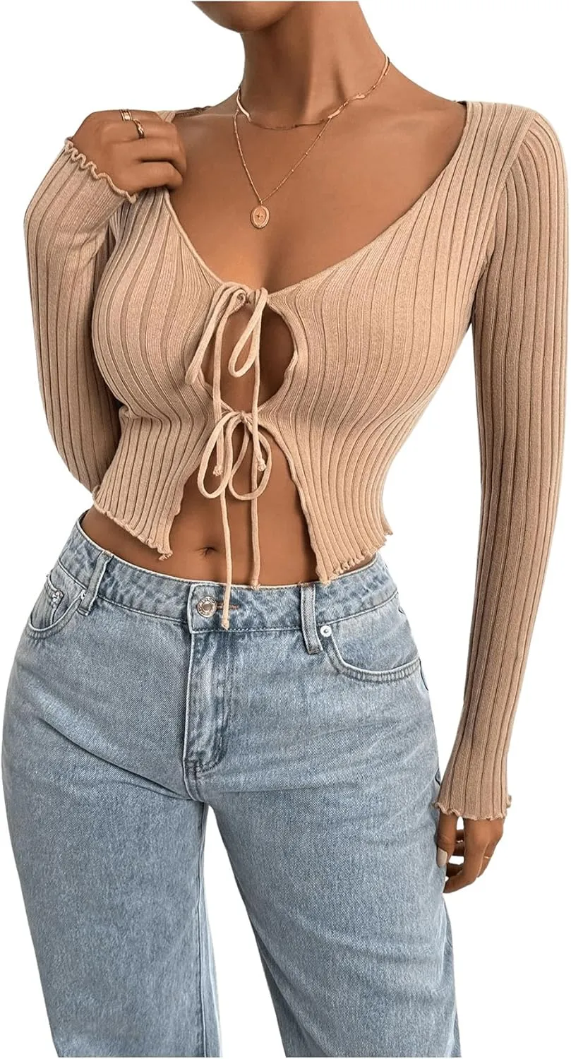 MakeMeChic Women's Tie Front Lightweight Trim Ribbed Cardigan V Neck Long Sleeve Fitted Cropped Cardigan Sweater