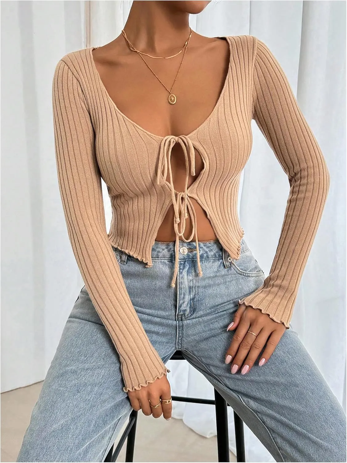MakeMeChic Women's Tie Front Lightweight Trim Ribbed Cardigan V Neck Long Sleeve Fitted Cropped Cardigan Sweater