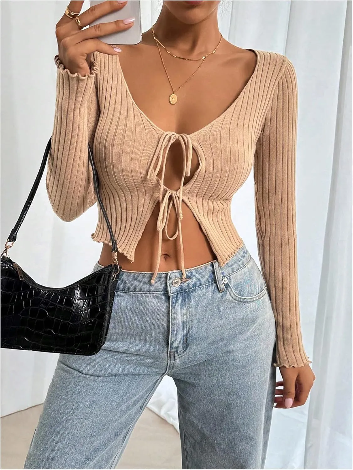 MakeMeChic Women's Tie Front Lightweight Trim Ribbed Cardigan V Neck Long Sleeve Fitted Cropped Cardigan Sweater