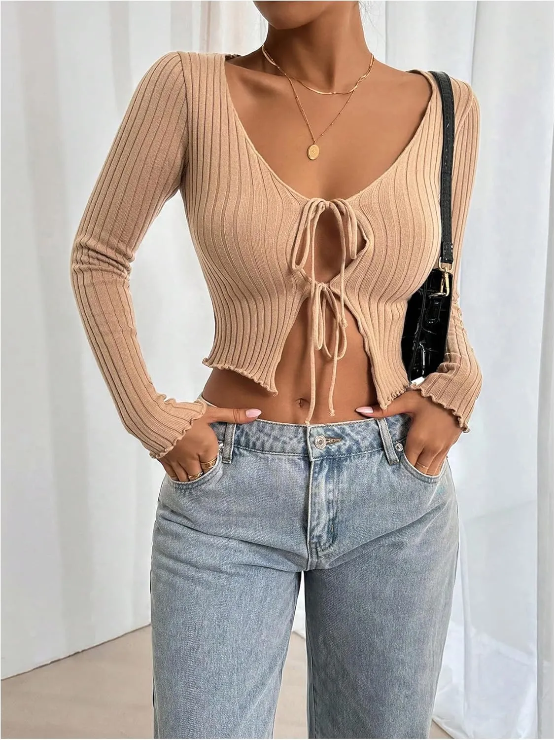 MakeMeChic Women's Tie Front Lightweight Trim Ribbed Cardigan V Neck Long Sleeve Fitted Cropped Cardigan Sweater
