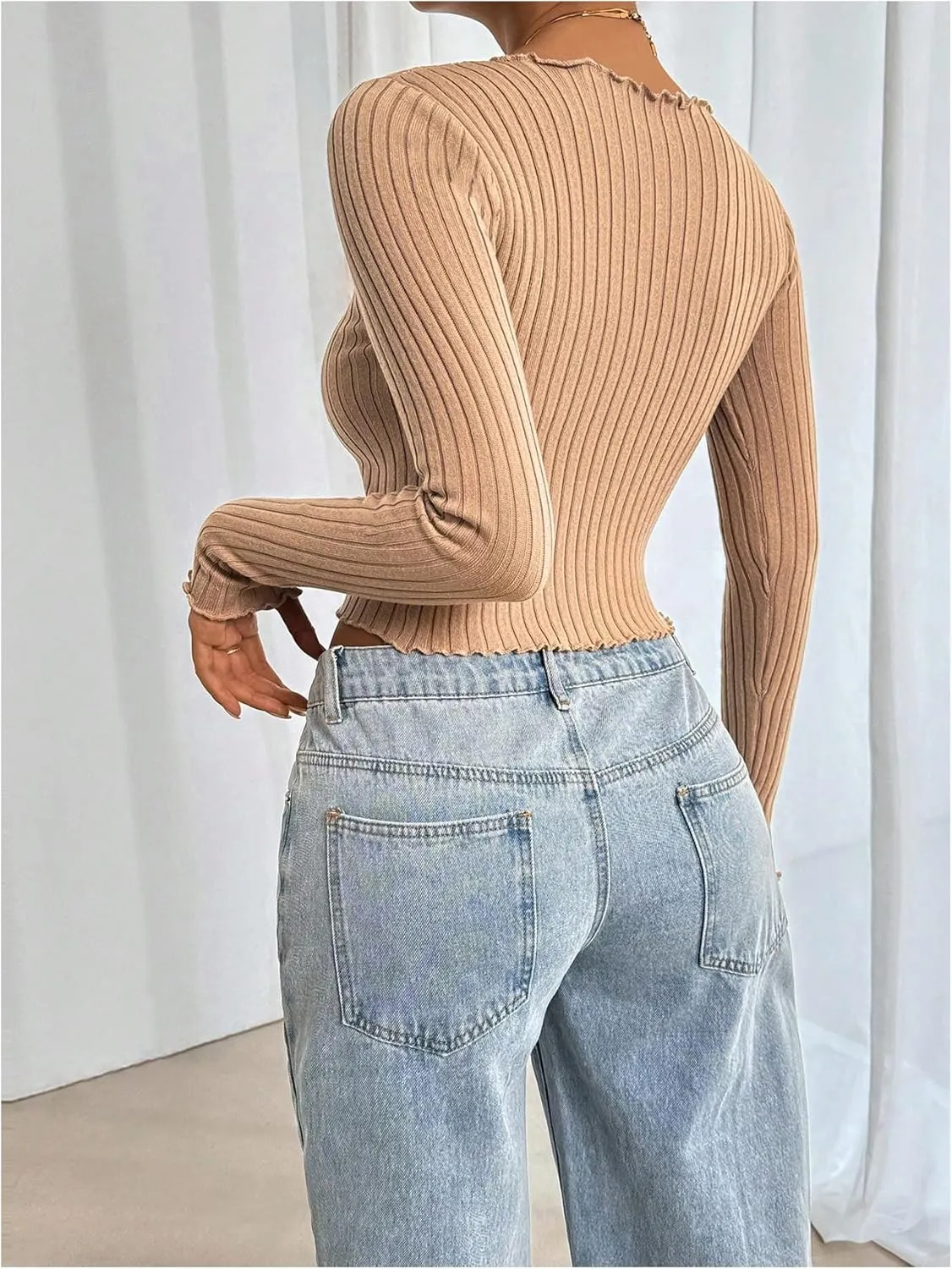 MakeMeChic Women's Tie Front Lightweight Trim Ribbed Cardigan V Neck Long Sleeve Fitted Cropped Cardigan Sweater