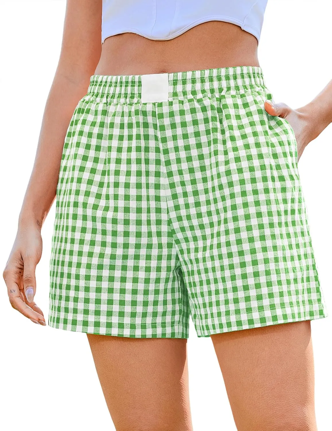Marvmys Womens Boxer Shorts Cotton Plaid Gingham Shorts Summer Elastic Waist Pajama Buttoms with Pockets