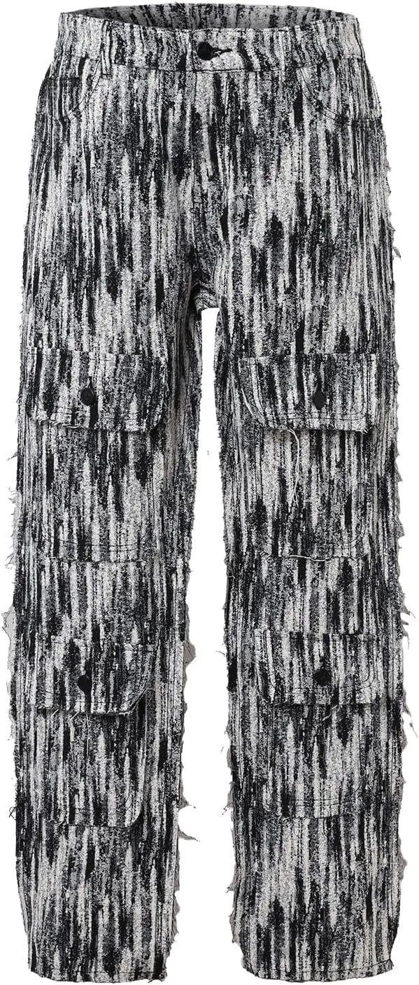 Men’s Blue Floral Black/White Tapestry Multi-Pockets Jogger Streetwear Embossed Jacquard Cargo Pants
