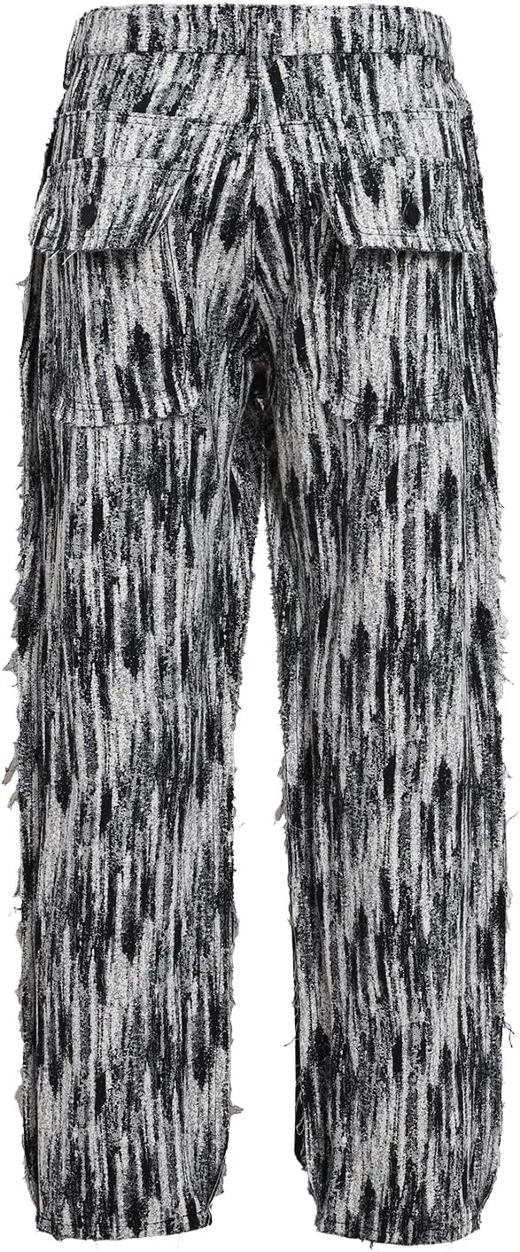 Men’s Blue Floral Black/White Tapestry Multi-Pockets Jogger Streetwear Embossed Jacquard Cargo Pants