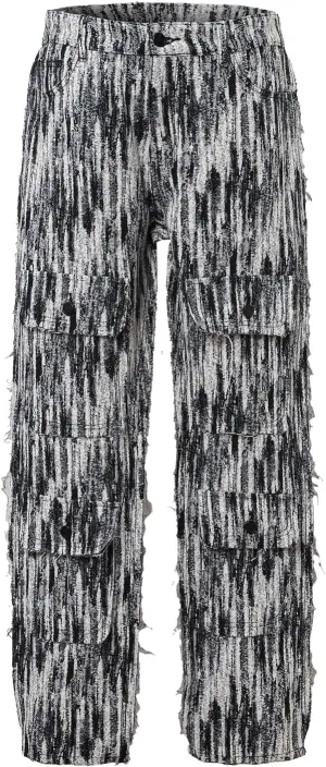 Men’s Blue Floral Black/White Tapestry Multi-Pockets Jogger Streetwear Embossed Jacquard Cargo Pants