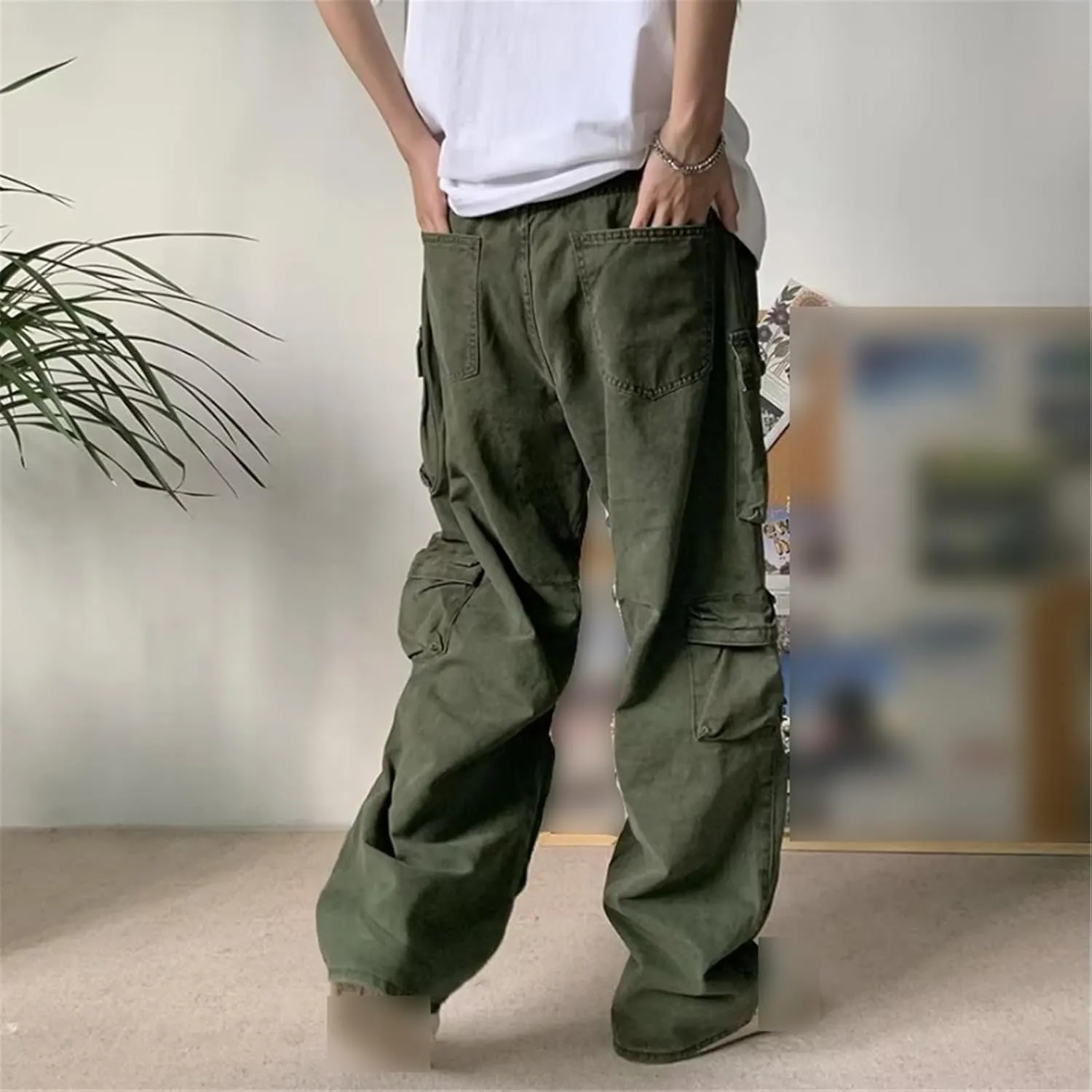 Mens Cargo Pants Multi-Pocket Overalls Men Casual Baggy Trousers Plus Size Straight Mopping Pants Spring Autumn