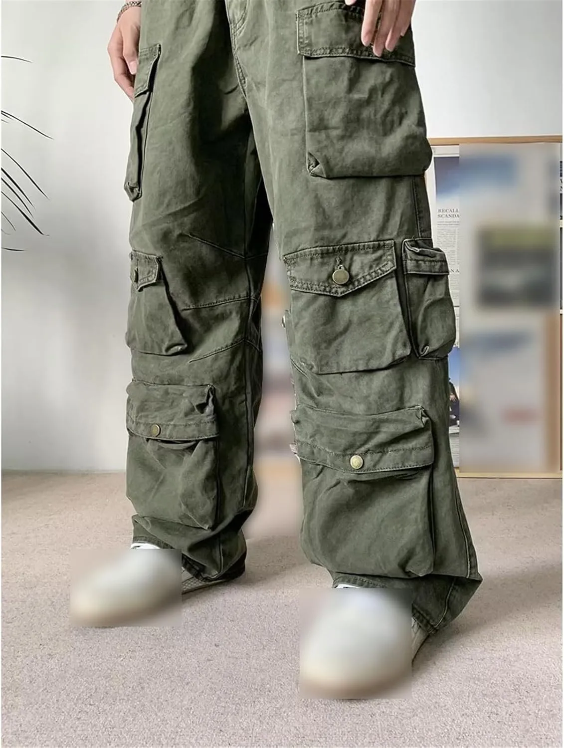 Mens Cargo Pants Multi-Pocket Overalls Men Casual Baggy Trousers Plus Size Straight Mopping Pants Spring Autumn