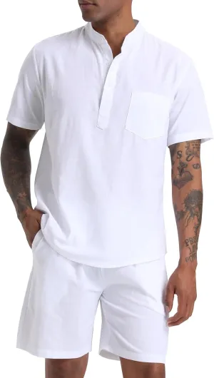 Men's Cotton Linen Set Henley Shirts Shorts outfits 2 Piece Beach Clothes Vacation Matching Suit Summer Wear