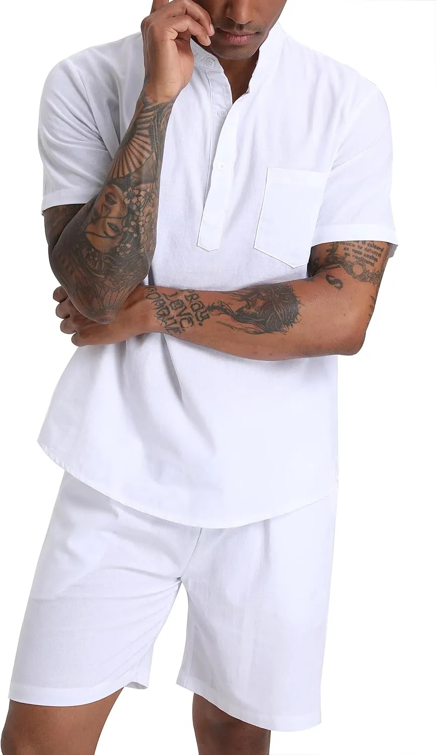 Men's Cotton Linen Set Henley Shirts Shorts outfits 2 Piece Beach Clothes Vacation Matching Suit Summer Wear