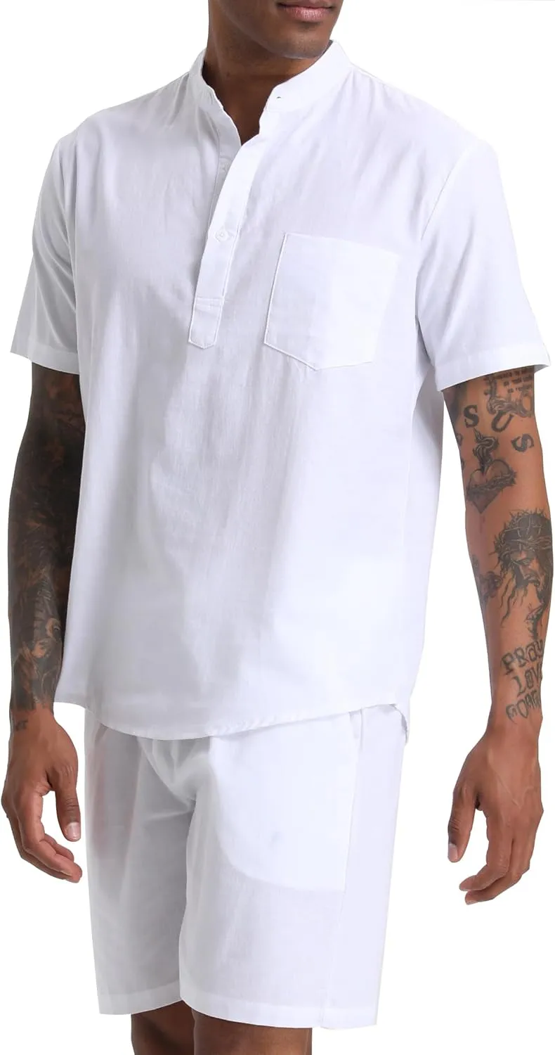 Men's Cotton Linen Set Henley Shirts Shorts outfits 2 Piece Beach Clothes Vacation Matching Suit Summer Wear