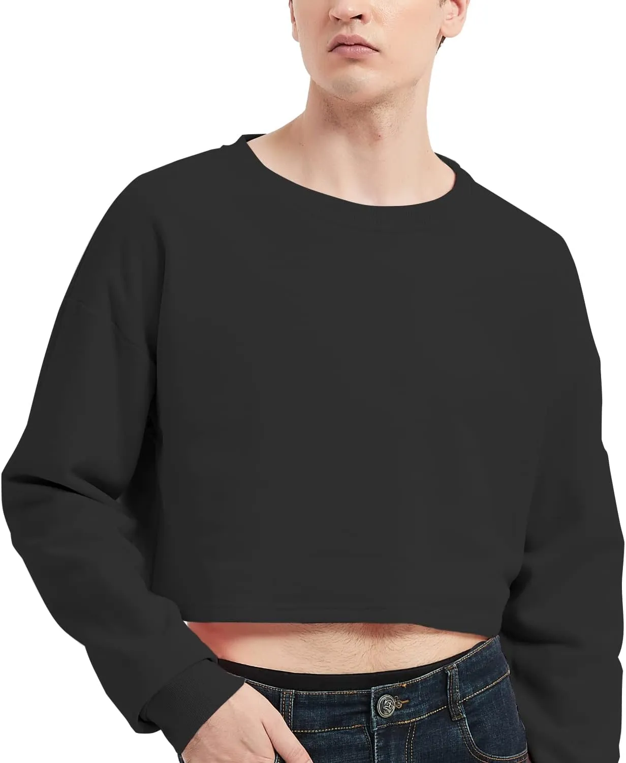 Men's Cropped Cut-Off Hoodie Solid Color Long Sleeves Drawstring Casual Sweatshirts Crop Tops