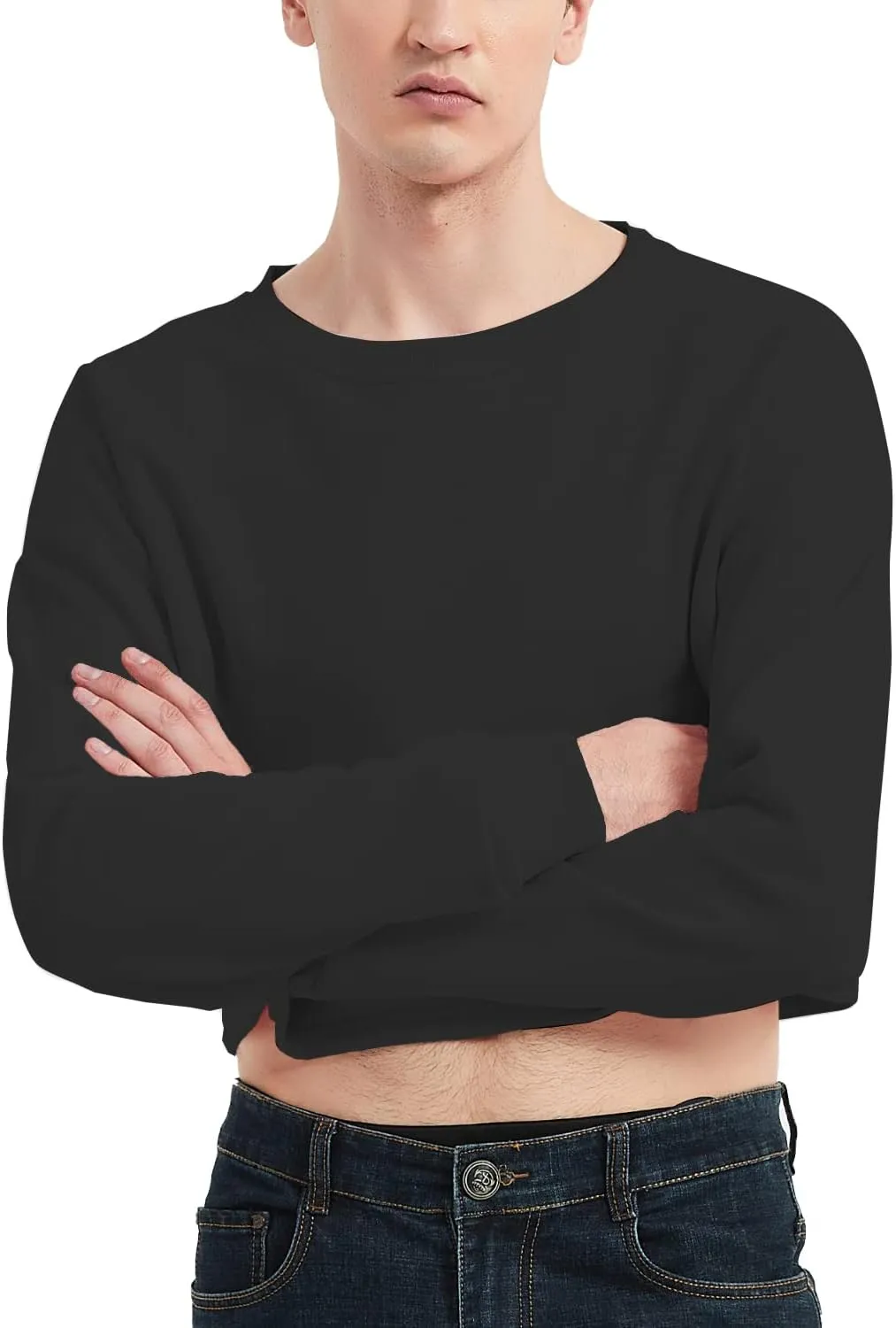 Men's Cropped Cut-Off Hoodie Solid Color Long Sleeves Drawstring Casual Sweatshirts Crop Tops