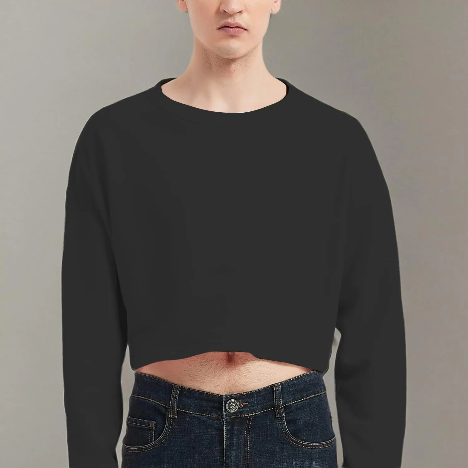 Men's Cropped Cut-Off Hoodie Solid Color Long Sleeves Drawstring Casual Sweatshirts Crop Tops