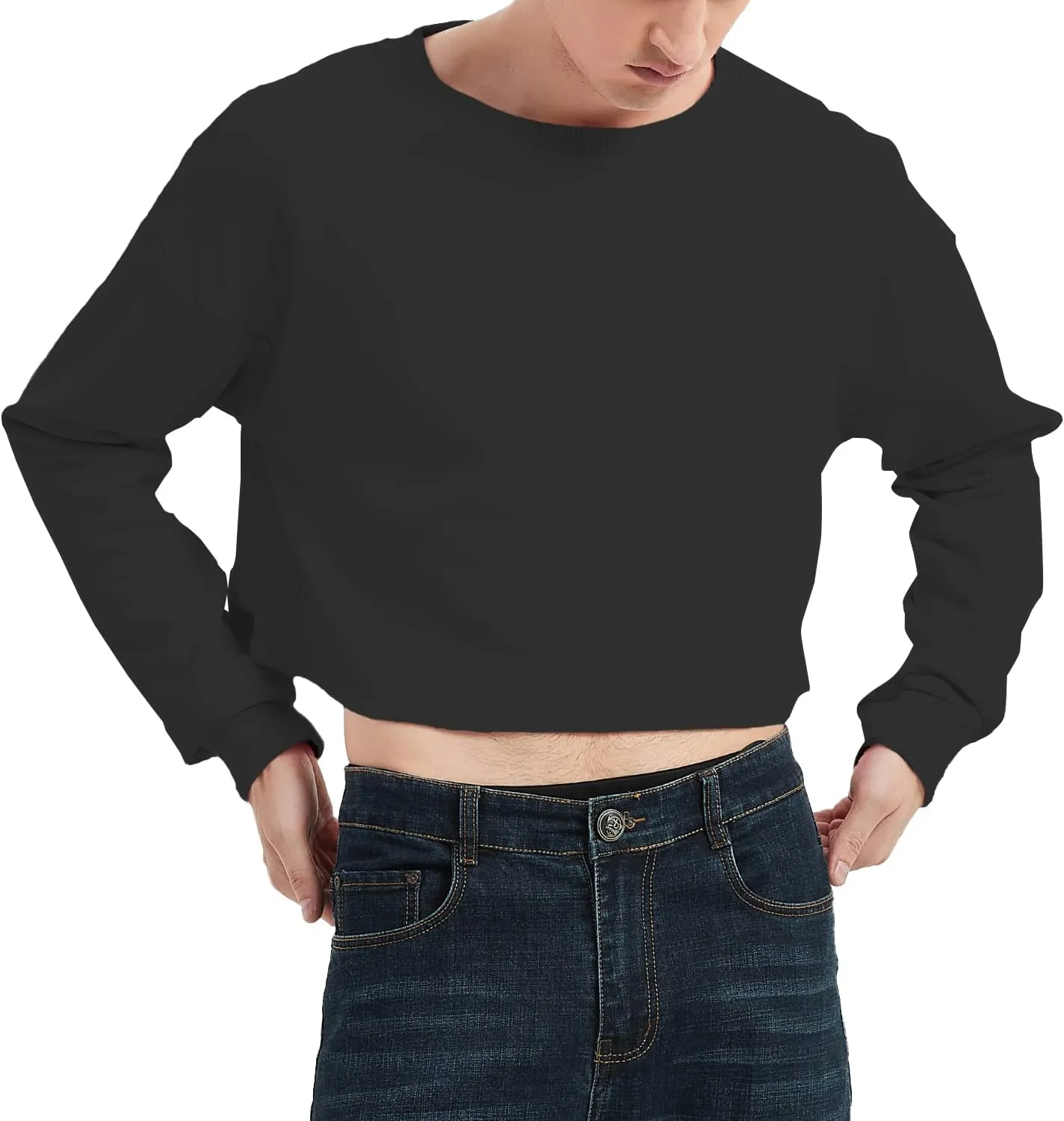 Men's Cropped Cut-Off Hoodie Solid Color Long Sleeves Drawstring Casual Sweatshirts Crop Tops