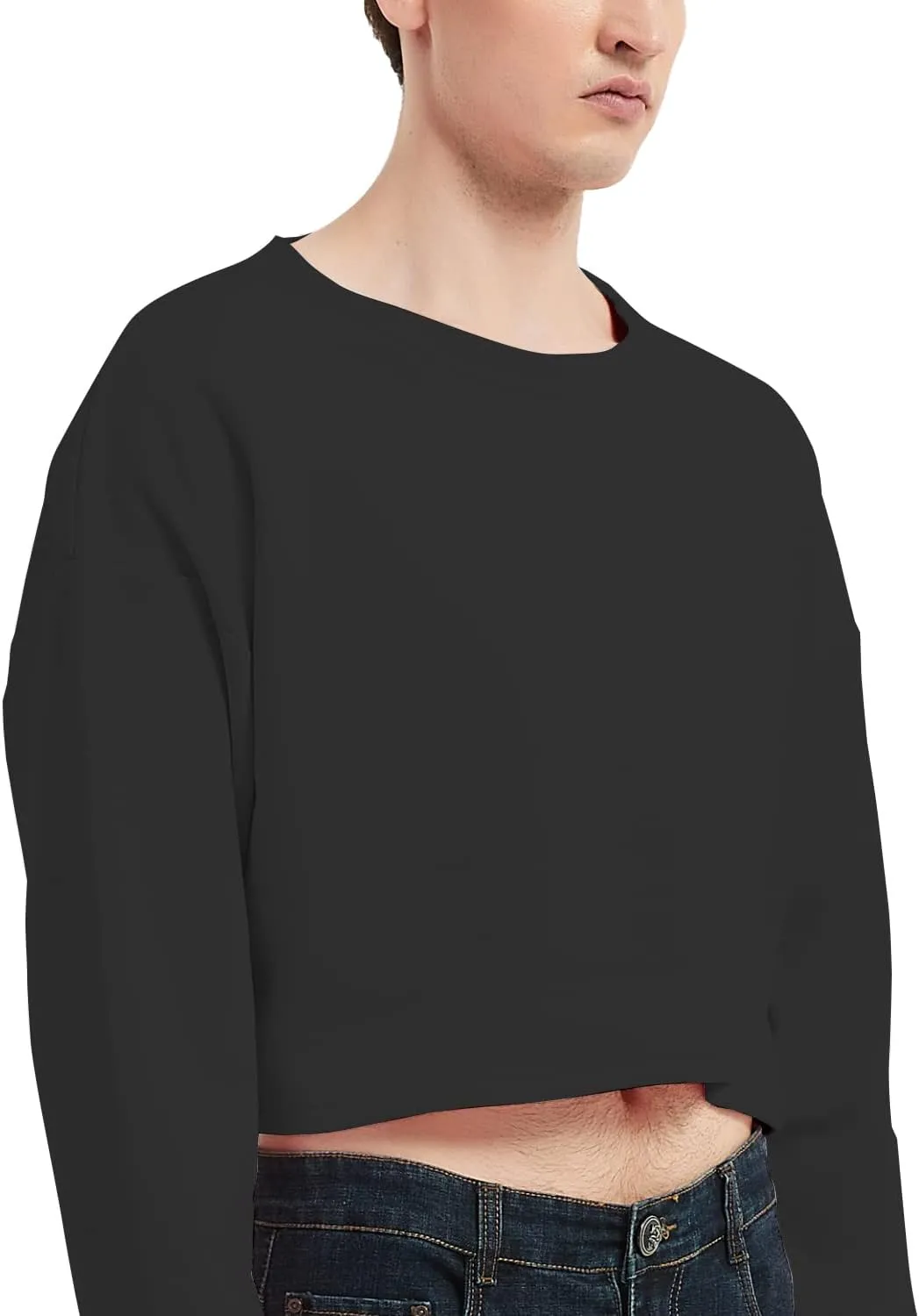 Men's Cropped Cut-Off Hoodie Solid Color Long Sleeves Drawstring Casual Sweatshirts Crop Tops