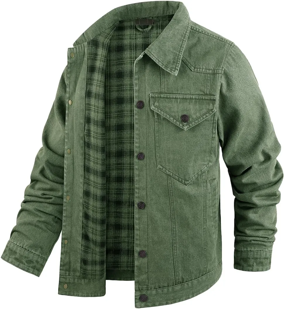 Mens Plaid Denim Jackets Button Down Jean Coat Casual Long Sleeve Vintage Trucker Jackets Outwear