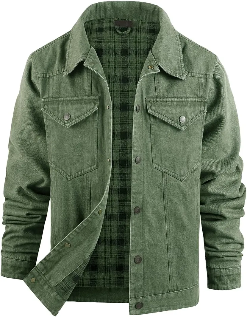 Mens Plaid Denim Jackets Button Down Jean Coat Casual Long Sleeve Vintage Trucker Jackets Outwear