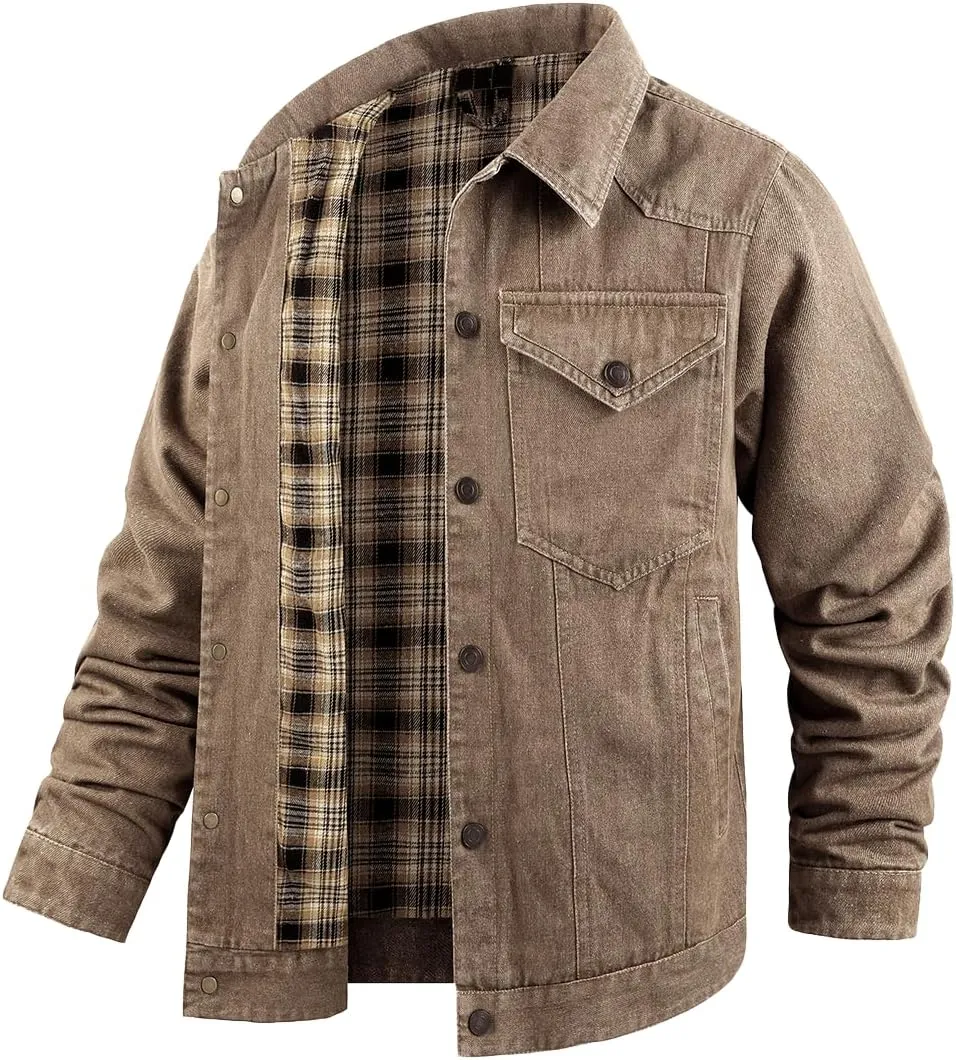 Mens Plaid Denim Jackets Button Down Jean Coat Casual Long Sleeve Vintage Trucker Jackets Outwear